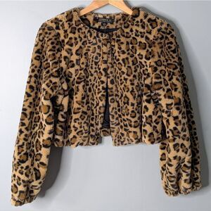 Joseph A. Leopard Print Brown Black Faux Fur Cropped Collarless Jacket L 12 14